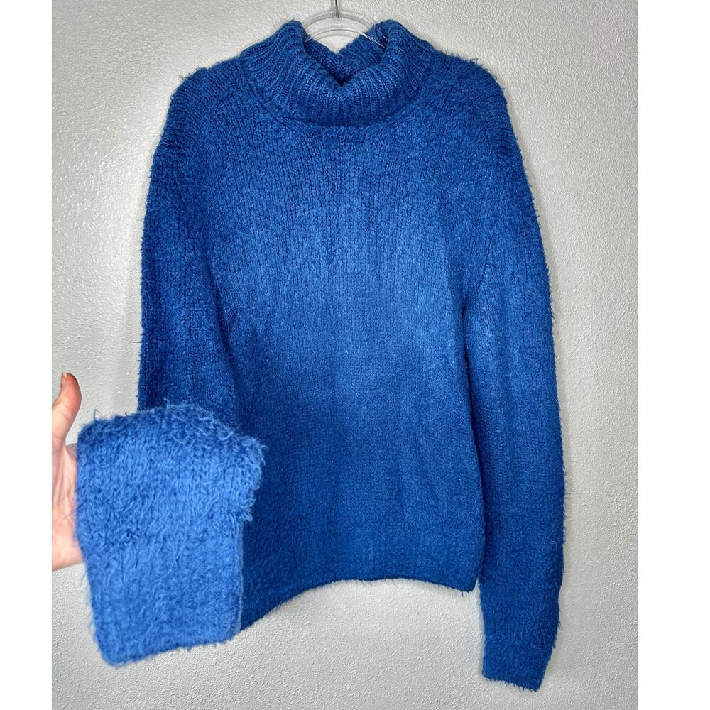Tom Ford Blue 100% Silk Turtleneck Long Sleeve Fuzzy Sweater XL